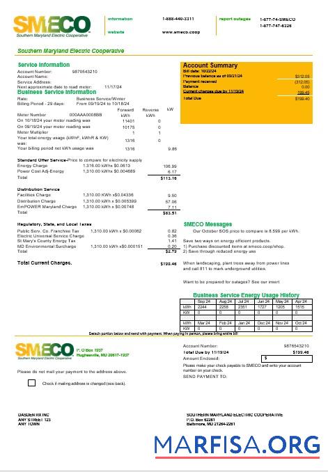 Printable USA Maryland SMECO business utility bill template in Word and PDF formats